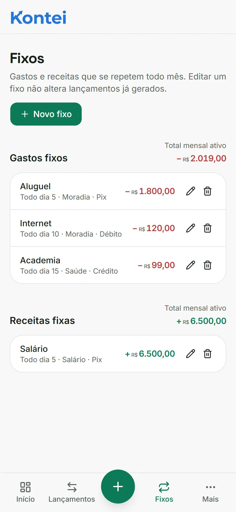 Lista de gastos e receitas fixos no Kontei
